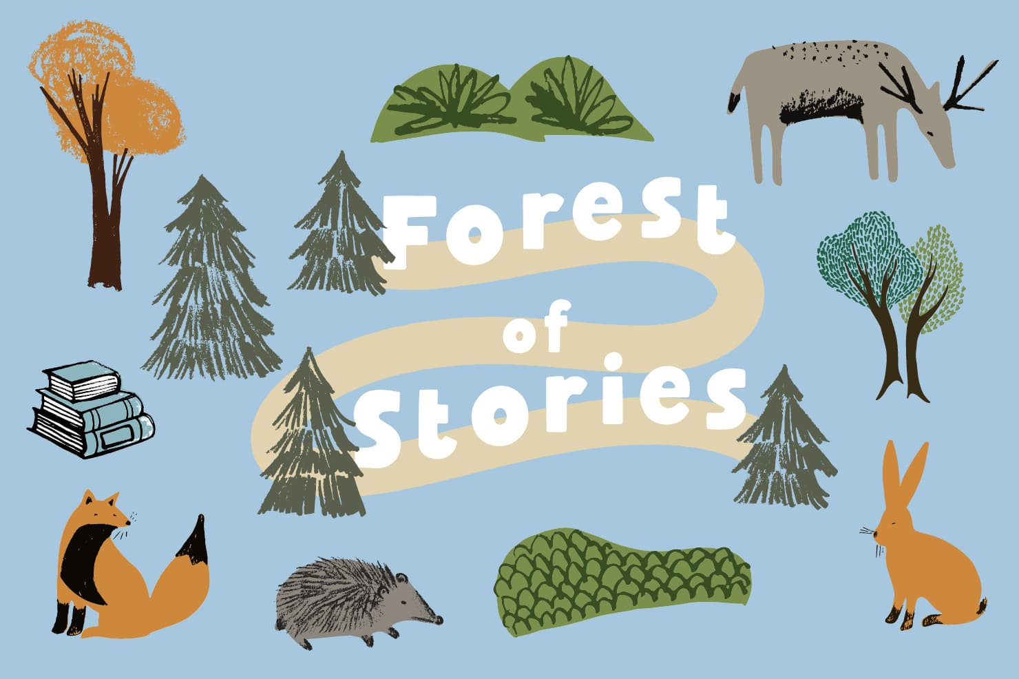 Forest of Stories Blue 3x2 Cartoon illustrations of forest animals. Text: Forest of Stories