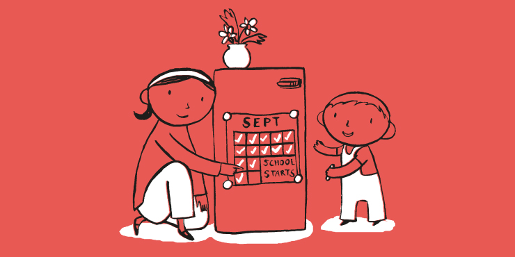Get Ready for School 2x1 Illustration of a mother and child pointing at a calendar of September