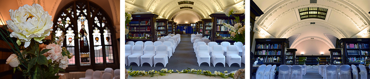 A collage of photos depicting a wedding set up in the Northgate Room at Ipswich County Library