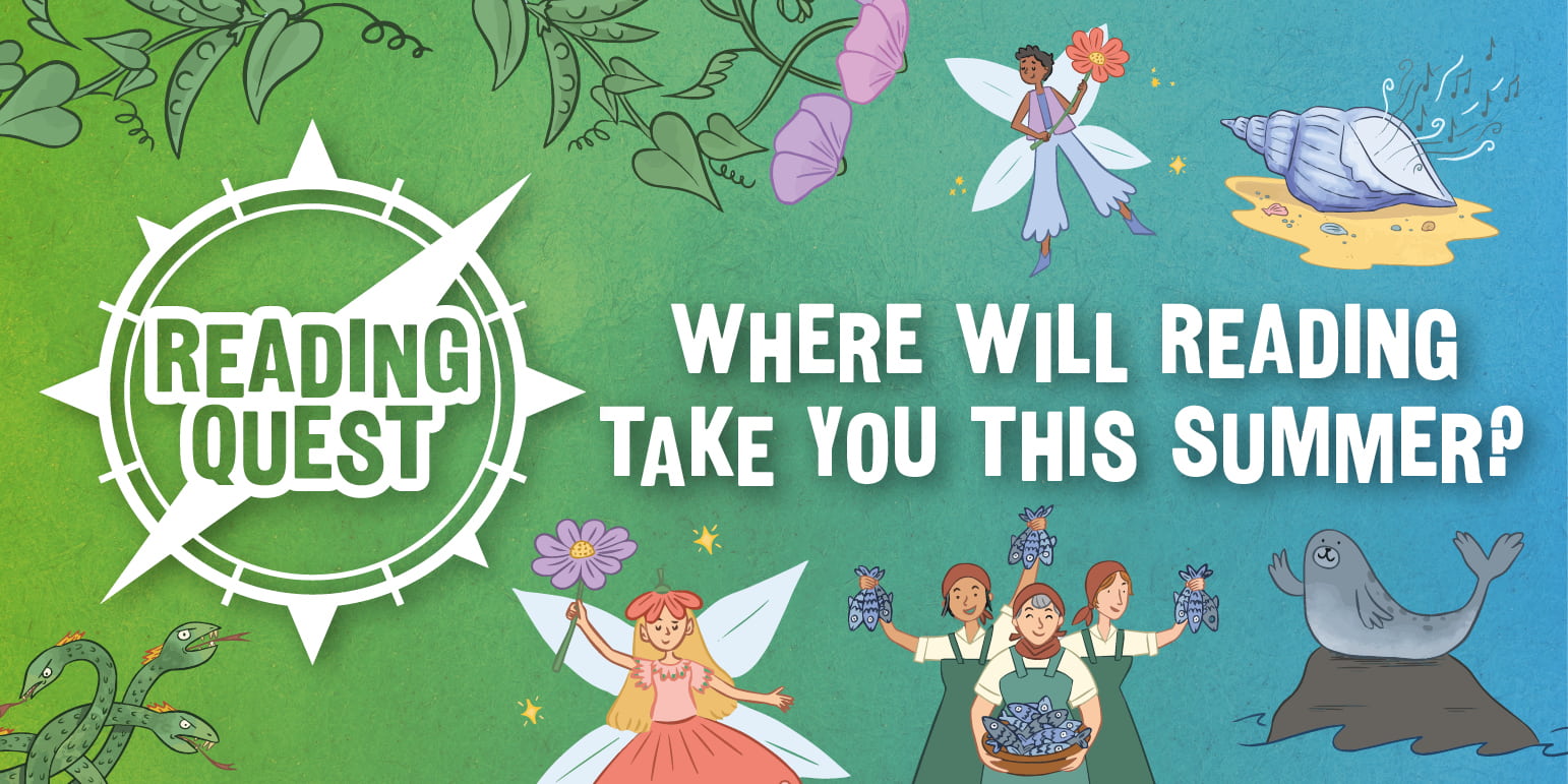 Reading Quest 2x1 Cartoon illustrations of folklore figures on a green and blue splash background. A compass icon with 'Reading Quest' in the middle. Text: Where will reading take you this summer?