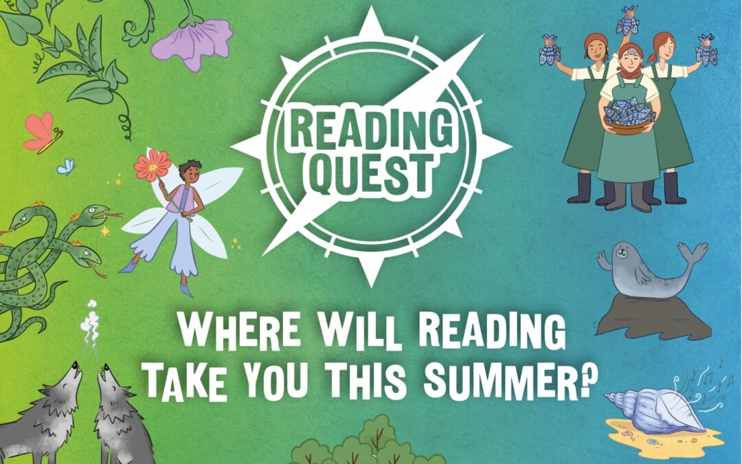 Cartoon illustrations of folklore characters. Text: Reading Quest, where will reading take you this summer?