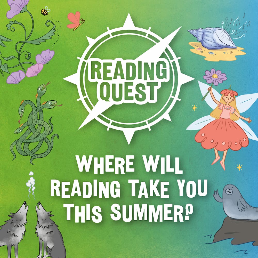 Reading Quest square resize Cartoon illustrations of folklore characters. Text: Reading Quest, where will reading take you this summer?