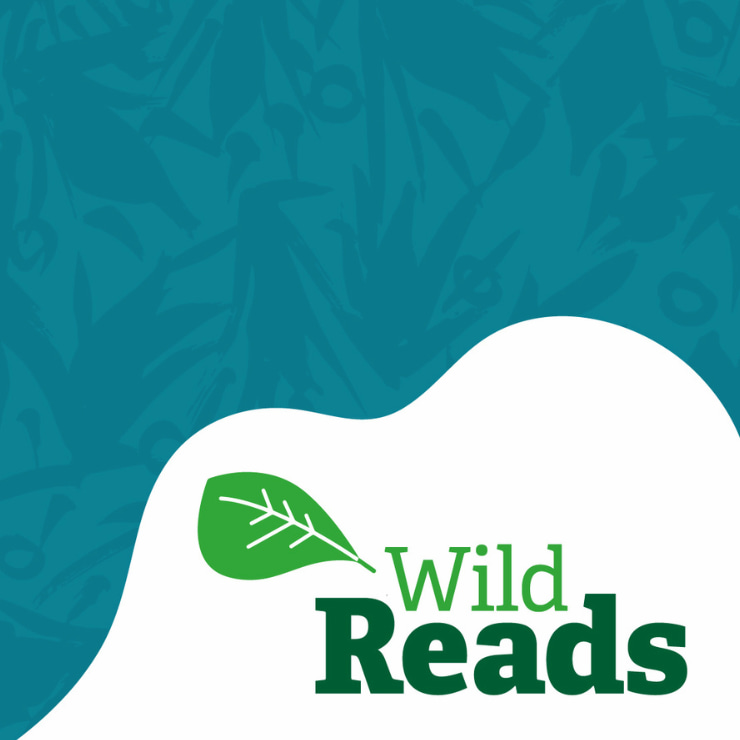 Wild Reads. Teal graphic with leaf print.