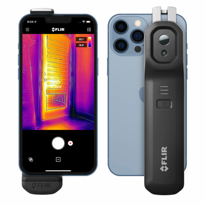 A thermal imaging camera attached to the back of a phone. The phone screen shows where heat spots are in the house.